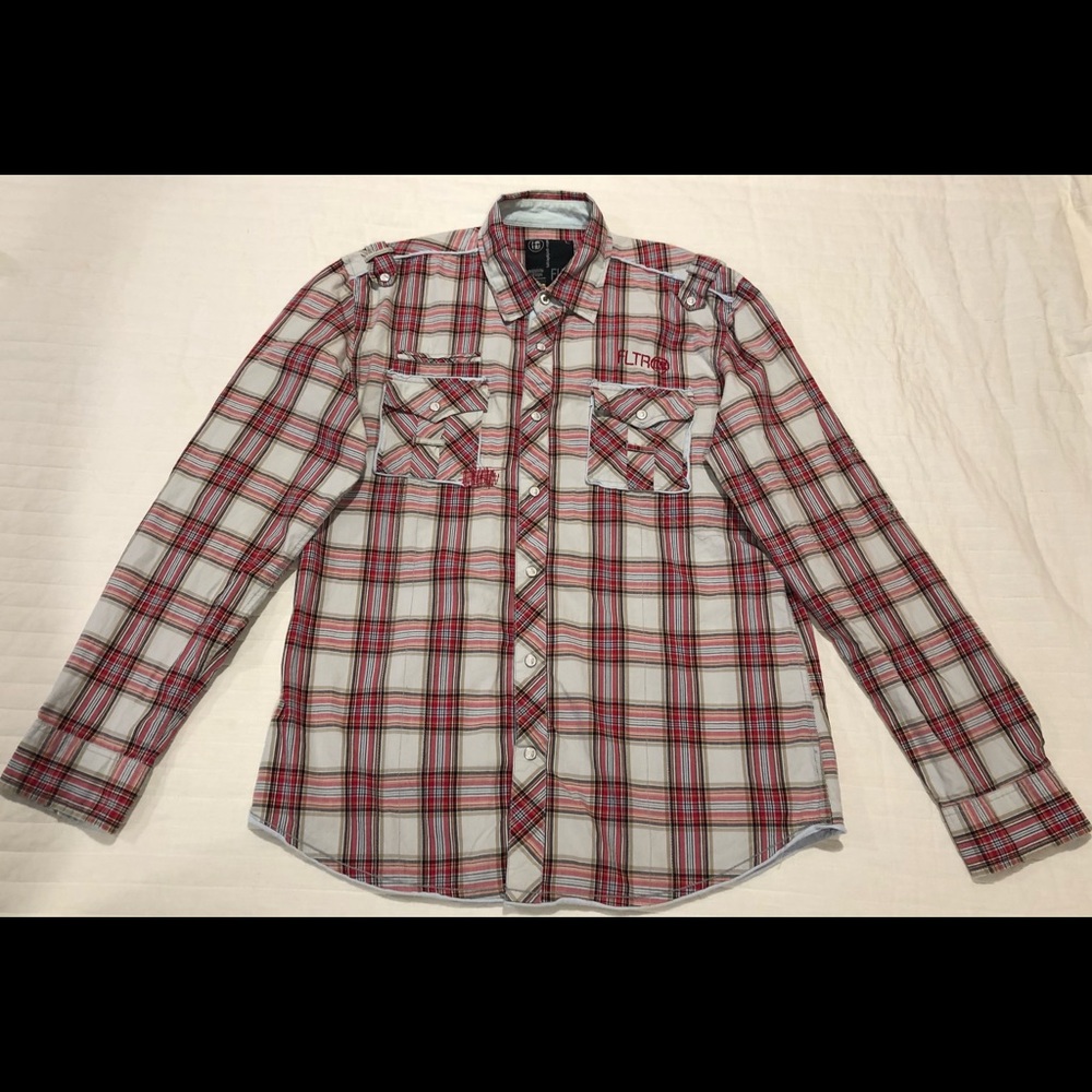 FLTR, mens red/cream plaid, button down, long sleeve shirt, large, 100% cotton.